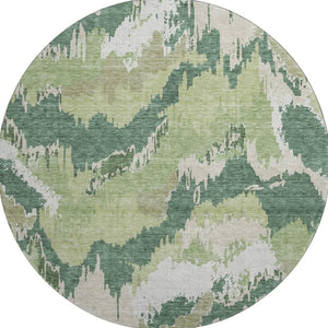 HomeRoots 8' Green Ivory Beige Abstract Round Rug - Washable, UV Resistant, Perfect for Modern Spaces! 668660