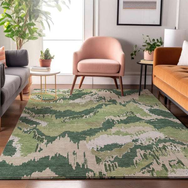 HomeRoots 8' X 10' Washable Area Rug in Green, Ivory & Beige - Stylish, Stain-Resistant, UV Protected Design 668661
