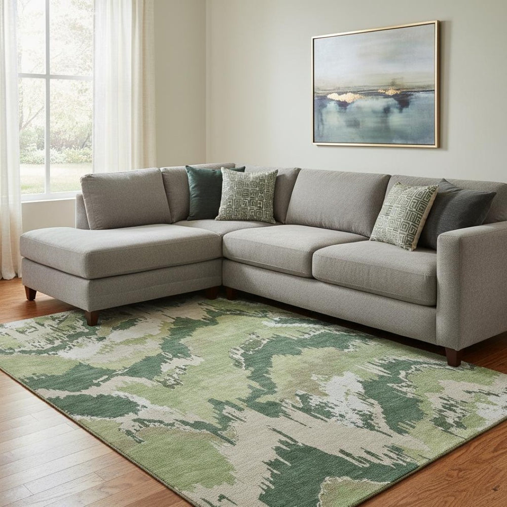 HomeRoots 9' Abstract Washable Area Rug in Green, Ivory & Beige - Durable, Stain-Resistant, UV Protected Design 668662
