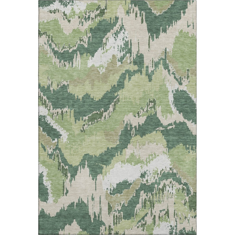 HomeRoots 10' X 14' Green Ivory Beige Abstract Area Rug - Washable, UV Protected, Durable, Modern Design 668663