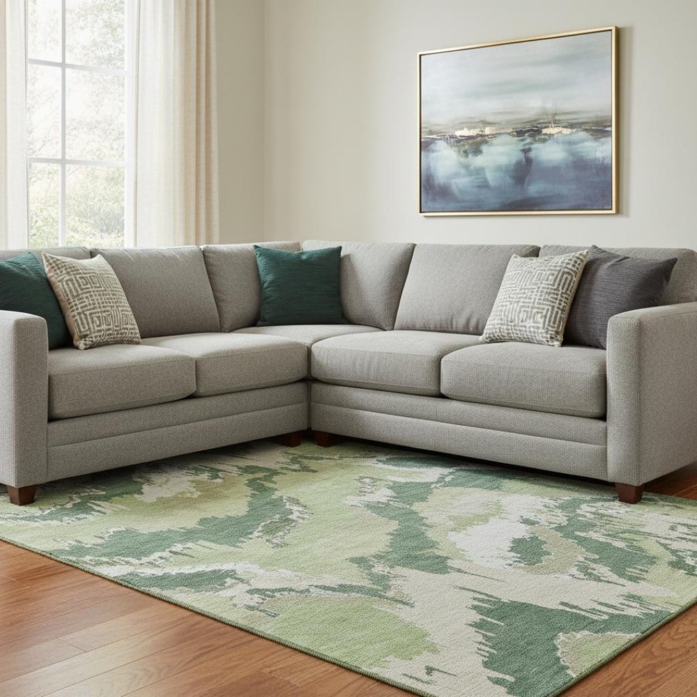 HomeRoots 10' X 14' Green Ivory Beige Abstract Area Rug - Washable, UV Protected, Durable, Modern Design 668663