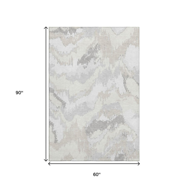 HomeRoots 5' X 8' Ivory And Beige Abstract Area Rug – Washable, UV Protected, Stain Resistant for Easy Care 668665
