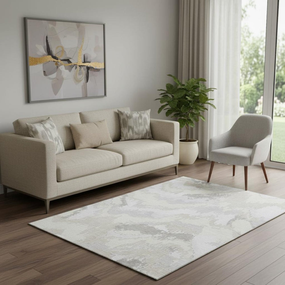 HomeRoots 5' X 8' Ivory And Beige Abstract Area Rug – Washable, UV Protected, Stain Resistant for Easy Care 668665