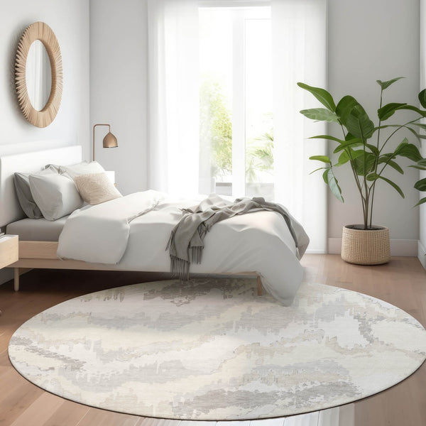 HomeRoots 8' Ivory and Beige Abstract Round Rug – Washable, UV Protected, Durable & Stylish for Any Room 668666