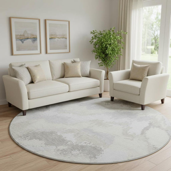 HomeRoots 8' Ivory and Beige Abstract Round Rug – Washable, UV Protected, Durable & Stylish for Any Room 668666