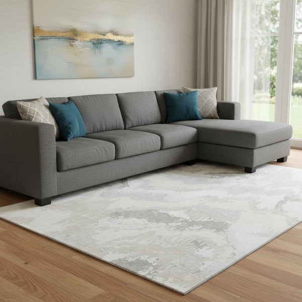 HomeRoots 8' X 10' Abstract Washable Area Rug - Ivory & Beige with UV Protection for Modern Homes & Families 668667