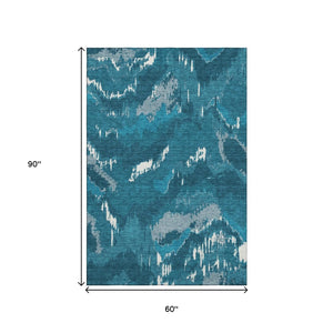 HomeRoots 5' X 8' Navy Blue And Ivory Abstract Area Rug - Durable, Stain Resistant, UV Protected for Homes 668671