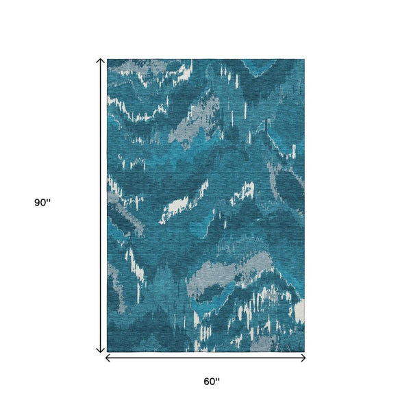 HomeRoots 5' X 8' Navy Blue And Ivory Abstract Area Rug - Durable, Stain Resistant, UV Protected for Homes 668671