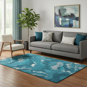 HomeRoots 5' X 8' Navy Blue And Ivory Abstract Area Rug - Durable, Stain Resistant, UV Protected for Homes 668671
