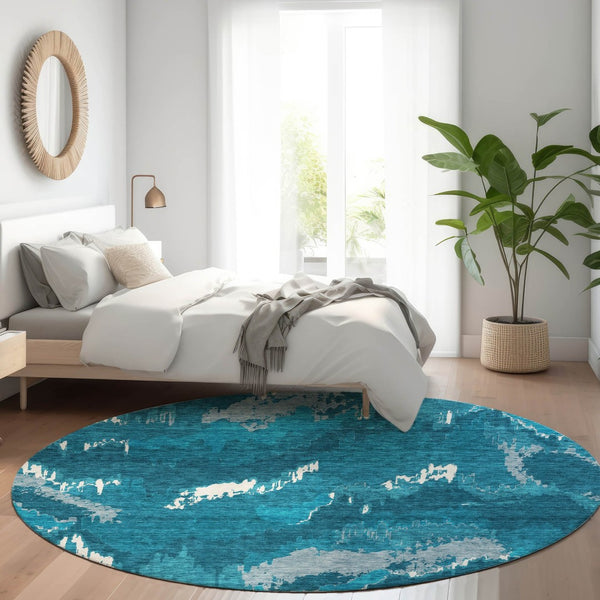 HomeRoots 8' Navy Blue and Ivory Abstract Round Rug - Durable, Washable, UV Protected for Indoor/Outdoor Use 668672