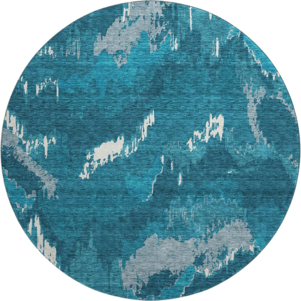 HomeRoots 8' Navy Blue and Ivory Abstract Round Rug - Durable, Washable, UV Protected for Indoor/Outdoor Use 668672