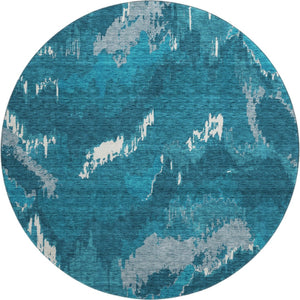 HomeRoots 8' Navy Blue and Ivory Abstract Round Rug - Durable, Washable, UV Protected for Indoor/Outdoor Use 668672