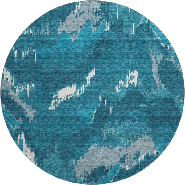 HomeRoots 8' Navy Blue and Ivory Abstract Round Rug - Durable, Washable, UV Protected for Indoor/Outdoor Use 668672