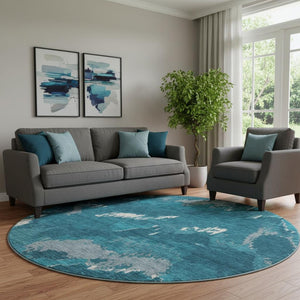 HomeRoots 8' Navy Blue and Ivory Abstract Round Rug - Durable, Washable, UV Protected for Indoor/Outdoor Use 668672