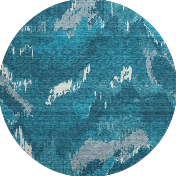 HomeRoots 8' Navy Blue and Ivory Abstract Round Rug - Durable, Washable, UV Protected for Indoor/Outdoor Use 668672
