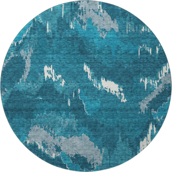 HomeRoots 8' Navy Blue and Ivory Abstract Round Rug - Durable, Washable, UV Protected for Indoor/Outdoor Use 668672