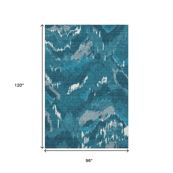 HomeRoots 8' X 10' Navy Blue & Ivory Abstract Area Rug - Washable, UV Protected, Durable for High-Traffic Areas 668673