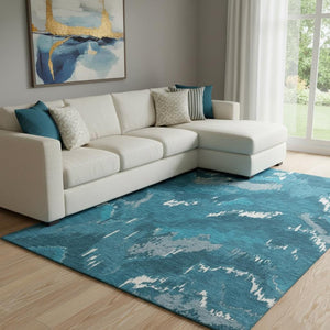 HomeRoots 8' X 10' Navy Blue & Ivory Abstract Area Rug - Washable, UV Protected, Durable for High-Traffic Areas 668673