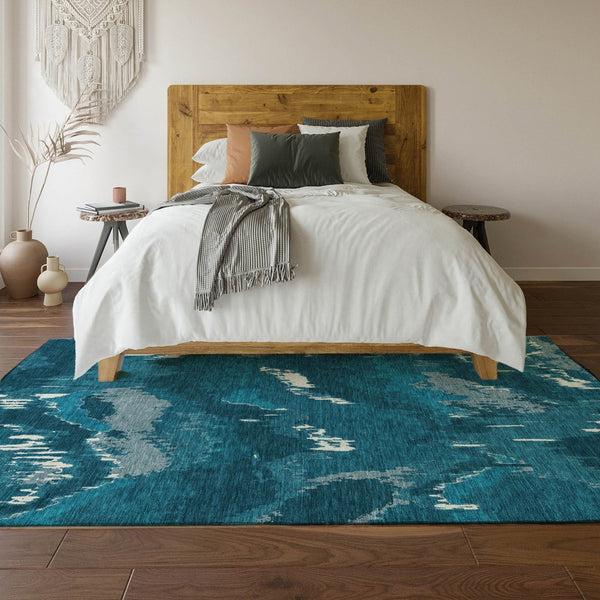 HomeRoots 8' X 10' Navy Blue & Ivory Abstract Area Rug - Washable, UV Protected, Durable for High-Traffic Areas 668673