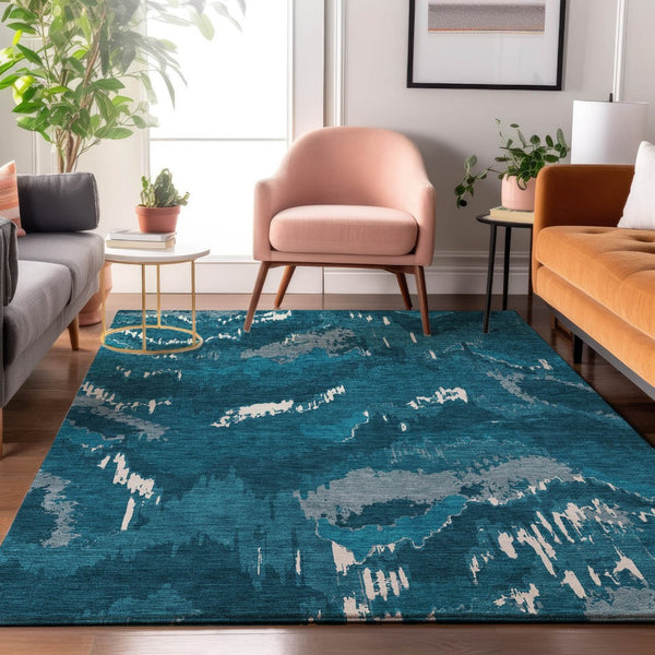 HomeRoots 10' X 14' Navy Blue and Ivory Abstract Area Rug - Washable, UV Protected, Stain Resistant for Homes 668675