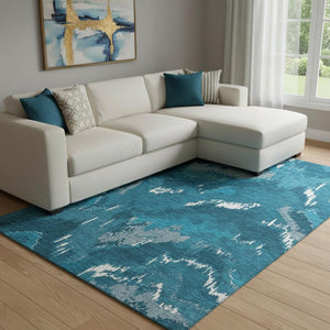HomeRoots 10' X 14' Navy Blue and Ivory Abstract Area Rug - Washable, UV Protected, Stain Resistant for Homes 668675