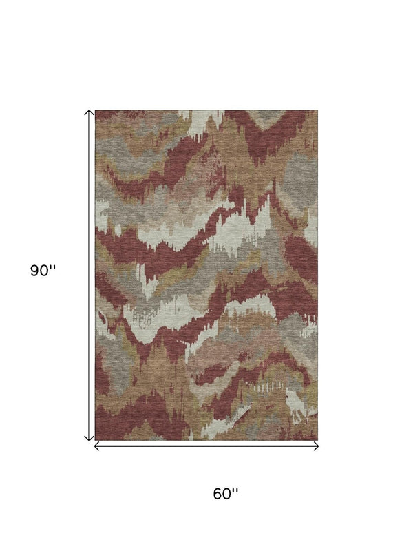 HomeRoots 5' X 8' Abstract Washable Area Rug in Rust, Beige & Copper - UV Protected, Stain-Resistant Elegance 668677