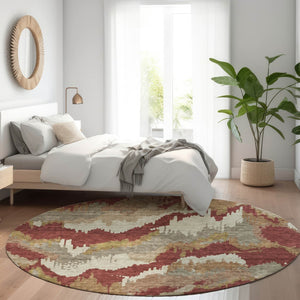 HomeRoots 8' Washable Rust Beige & Copper Abstract Round Rug with UV Protection for Modern Spaces & Easy Care 668678