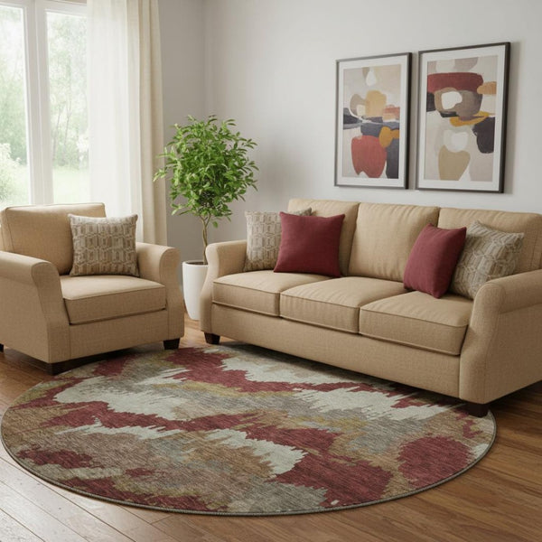 HomeRoots 8' Washable Rust Beige & Copper Abstract Round Rug with UV Protection for Modern Spaces & Easy Care 668678