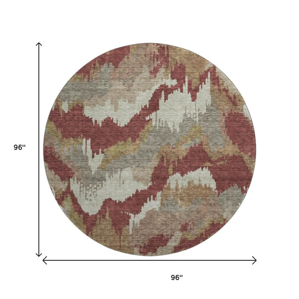 HomeRoots 8' Washable Rust Beige & Copper Abstract Round Rug with UV Protection for Modern Spaces & Easy Care 668678