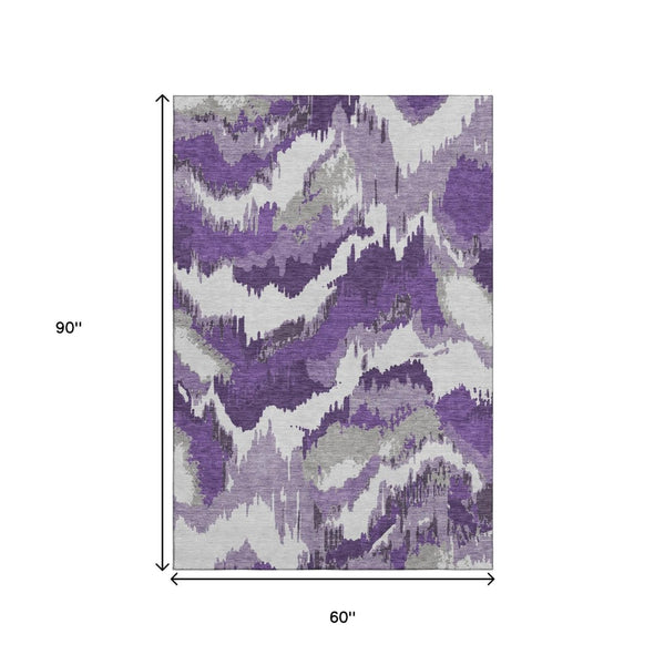 HomeRoots 5' X 8' Abstract Washable Area Rug in Purple, Ivory & Gray - UV Resistant, Pet-Friendly Design! 668683