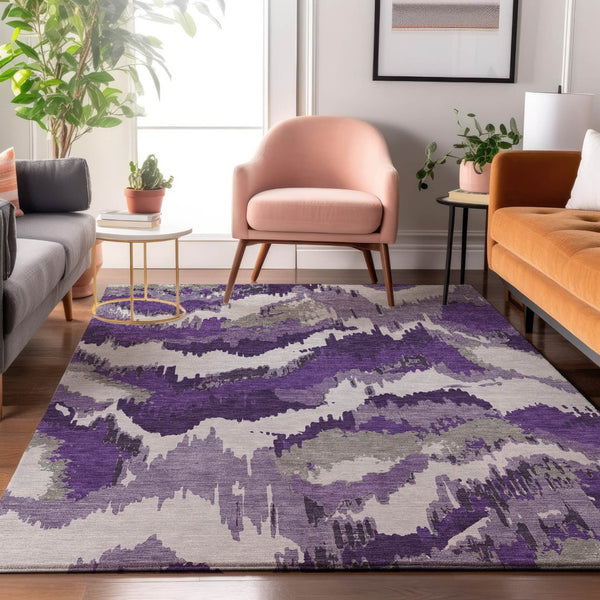 HomeRoots 5' X 8' Abstract Washable Area Rug in Purple, Ivory & Gray - UV Resistant, Pet-Friendly Design! 668683