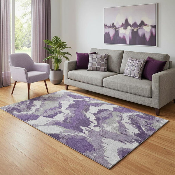 HomeRoots 5' X 8' Abstract Washable Area Rug in Purple, Ivory & Gray - UV Resistant, Pet-Friendly Design! 668683