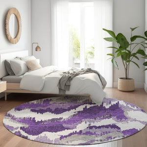 HomeRoots 8' Stylish Purple, Ivory & Gray Abstract Washable Round Rug with UV Protection for High-Traffic Areas 668684