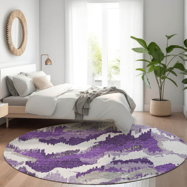 HomeRoots 8' Stylish Purple, Ivory & Gray Abstract Washable Round Rug with UV Protection for High-Traffic Areas 668684