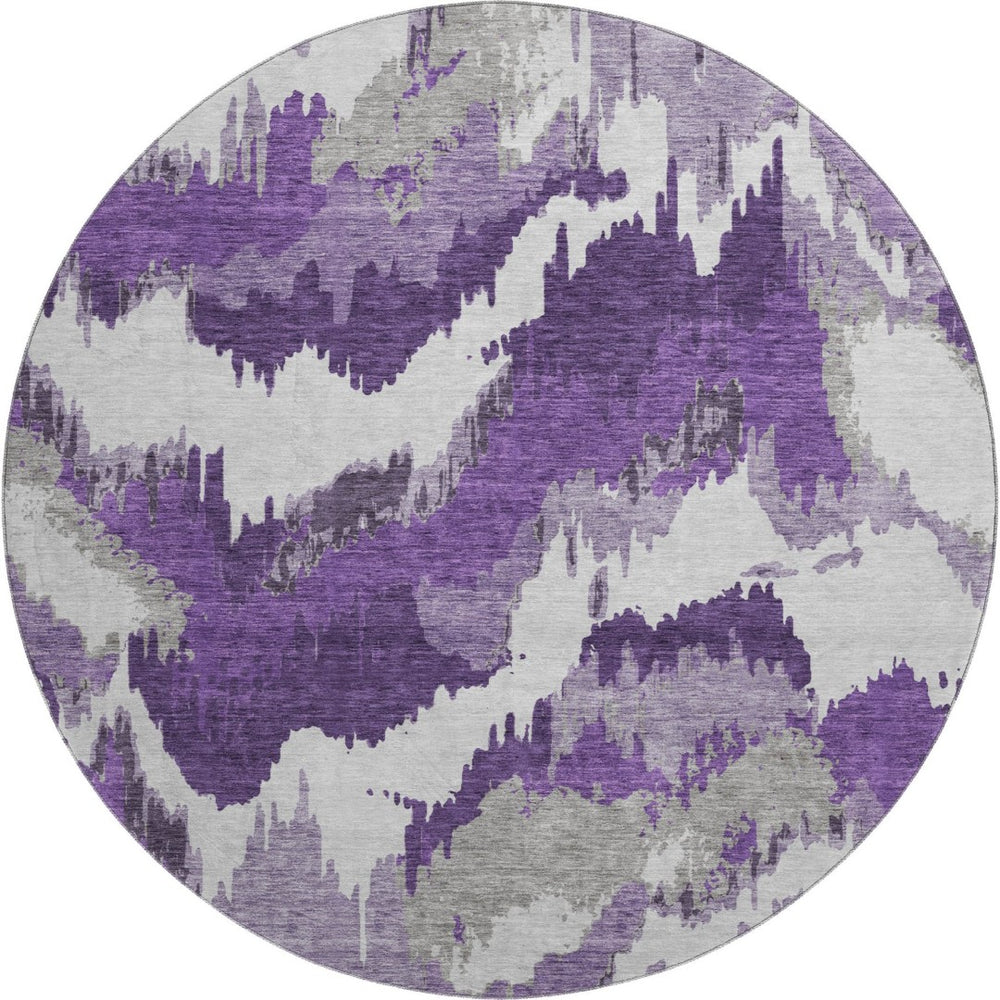 HomeRoots 8' Stylish Purple, Ivory & Gray Abstract Washable Round Rug with UV Protection for High-Traffic Areas 668684