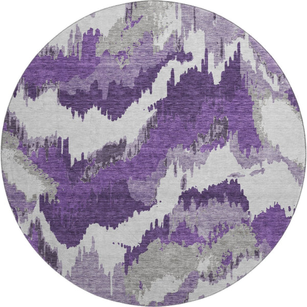 HomeRoots 8' Stylish Purple, Ivory & Gray Abstract Washable Round Rug with UV Protection for High-Traffic Areas 668684