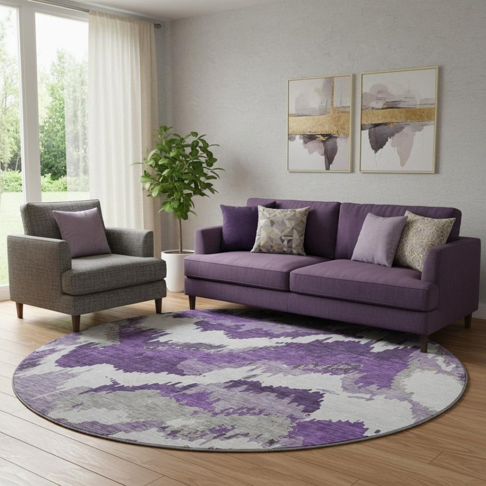 HomeRoots 8' Stylish Purple, Ivory & Gray Abstract Washable Round Rug with UV Protection for High-Traffic Areas 668684