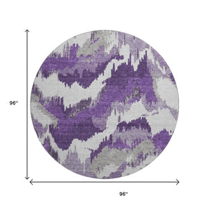 HomeRoots 8' Stylish Purple, Ivory & Gray Abstract Washable Round Rug with UV Protection for High-Traffic Areas 668684