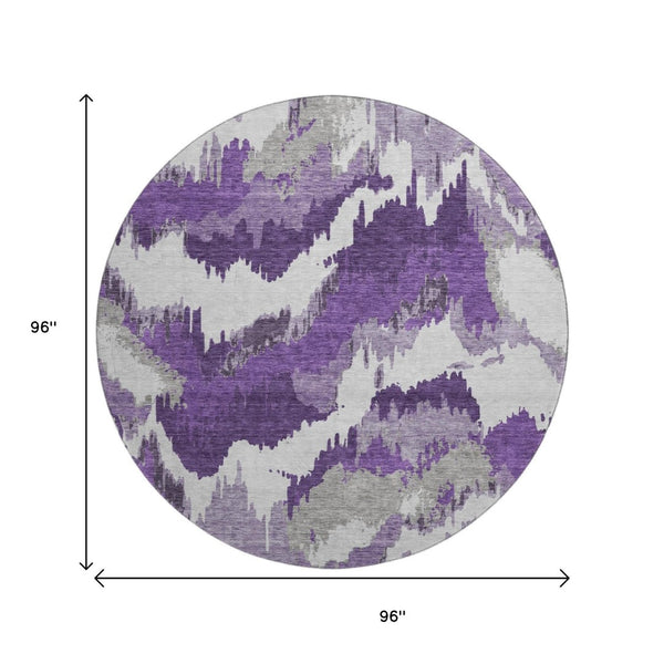 HomeRoots 8' Stylish Purple, Ivory & Gray Abstract Washable Round Rug with UV Protection for High-Traffic Areas 668684