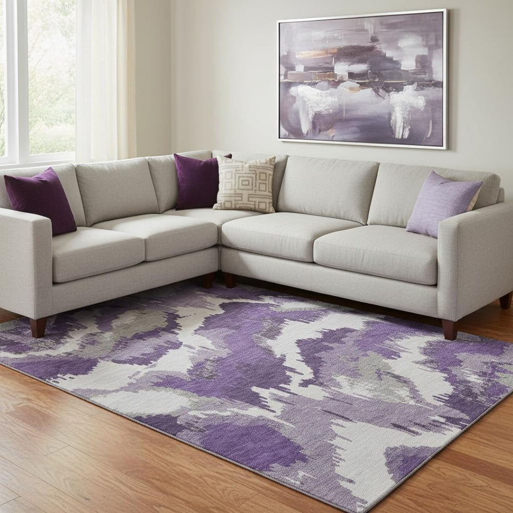 HomeRoots 9' X 12' Abstract Purple Ivory Gray Area Rug - Washable, UV Protected, Stain Resistant for High-Traffic Areas 668686