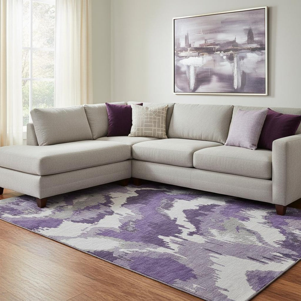 HomeRoots 10' X 14' Purple Ivory & Gray Abstract Area Rug – Washable, UV-Protected, Modern Design for Homes 668687