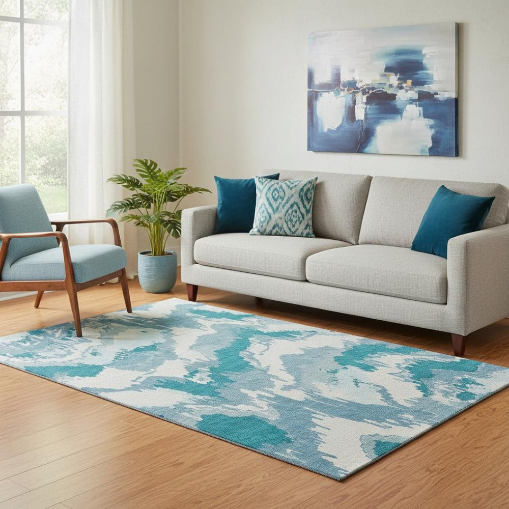 HomeRoots 5' X 8' Teal and Ivory Abstract Washable Area Rug – Durable, Stylish, Stain-Resistant, UV Protected! 668689