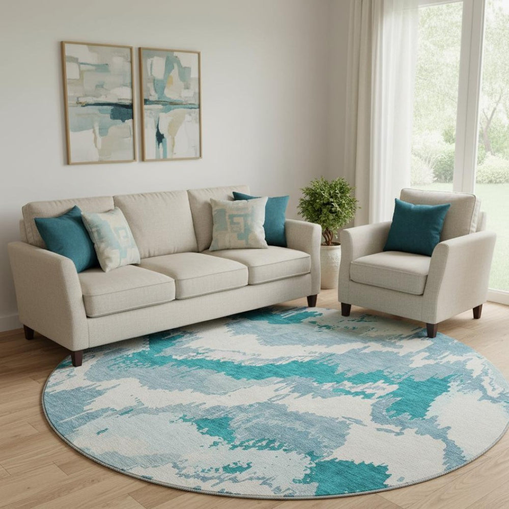 HomeRoots 8' Teal And Ivory Abstract Round Rug - Washable, UV Protected, Durable Design for Family Spaces 668690