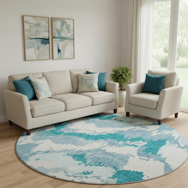 HomeRoots 8' Teal And Ivory Abstract Round Rug - Washable, UV Protected, Durable Design for Family Spaces 668690