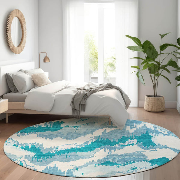 HomeRoots 8' Teal And Ivory Abstract Round Rug - Washable, UV Protected, Durable Design for Family Spaces 668690