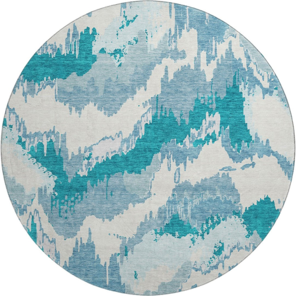 HomeRoots 8' Teal And Ivory Abstract Round Rug - Washable, UV Protected, Durable Design for Family Spaces 668690