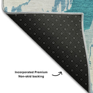HomeRoots 8' Teal And Ivory Abstract Round Rug - Washable, UV Protected, Durable Design for Family Spaces 668690