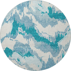 HomeRoots 8' Teal And Ivory Abstract Round Rug - Washable, UV Protected, Durable Design for Family Spaces 668690