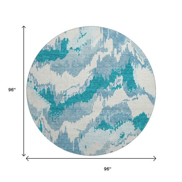 HomeRoots 8' Teal And Ivory Abstract Round Rug - Washable, UV Protected, Durable Design for Family Spaces 668690