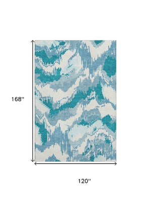 HomeRoots 10' X 14' Teal & Ivory Abstract Area Rug - Washable, UV-Protected, Durable Design for High-Traffic Spaces 668693